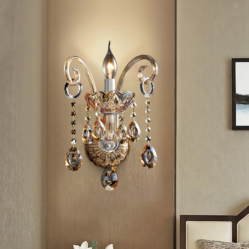 Avtoit | Amber Glass Candle Holder Light Modernism 1/2 Heads Bedroom Wall Light Lamp with Crystal Drop Accent