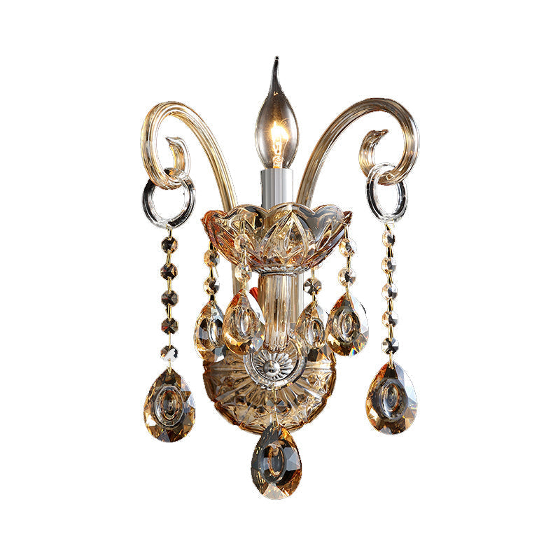 Avtoit | Amber Glass Candle Holder Light Modernism 1/2 Heads Bedroom Wall Light Lamp with Crystal Drop Accent