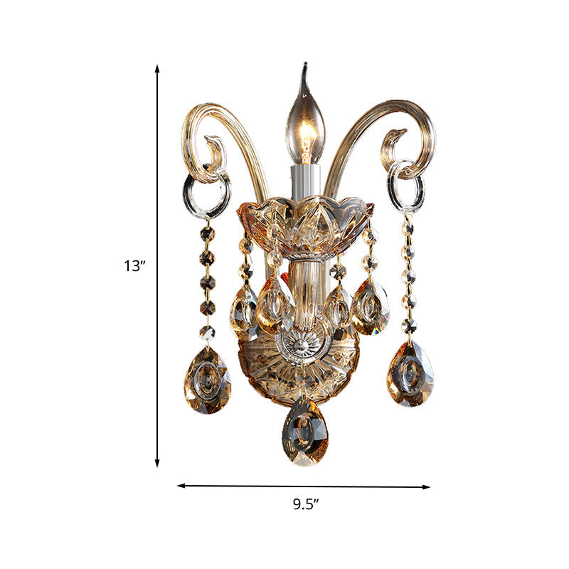 Avtoit | Amber Glass Candle Holder Light Modernism 1/2 Heads Bedroom Wall Light Lamp with Crystal Drop Accent