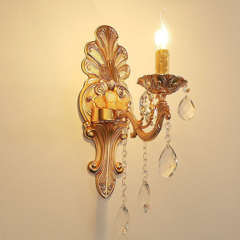 Avtoit | Candle Holder Wall Lamp Postmodern Metal 1/2 Heads Living Room Sconce Lamp in Brass with Crystal Drop Accent