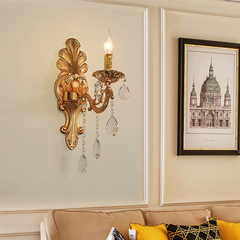 Avtoit | Candle Holder Wall Lamp Postmodern Metal 1/2 Heads Living Room Sconce Lamp in Brass with Crystal Drop Accent