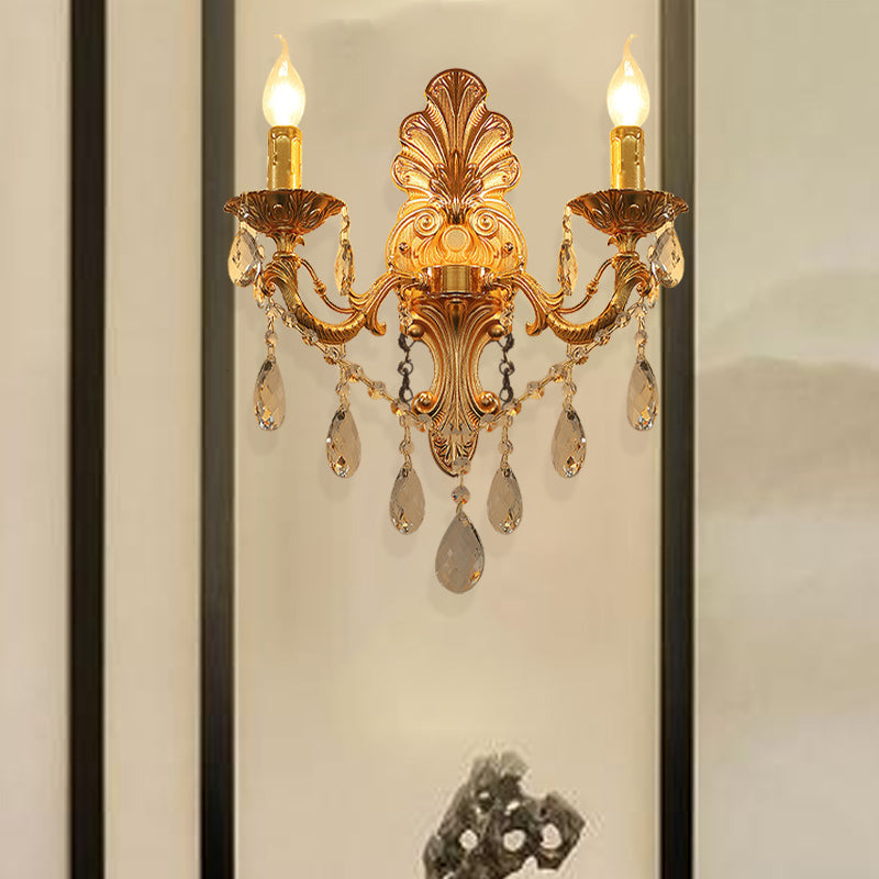Avtoit | Candle Holder Wall Lamp Postmodern Metal 1/2 Heads Living Room Sconce Lamp in Brass with Crystal Drop Accent