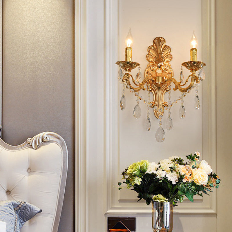 Avtoit | Candle Holder Wall Lamp Postmodern Metal 1/2 Heads Living Room Sconce Lamp in Brass with Crystal Drop Accent