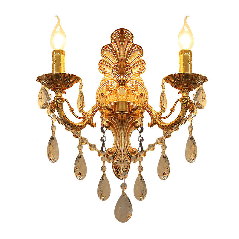 Avtoit | Candle Holder Wall Lamp Postmodern Metal 1/2 Heads Living Room Sconce Lamp in Brass with Crystal Drop Accent