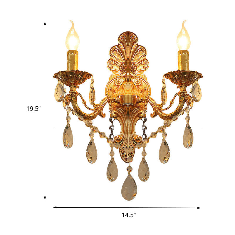 Avtoit | Candle Holder Wall Lamp Postmodern Metal 1/2 Heads Living Room Sconce Lamp in Brass with Crystal Drop Accent
