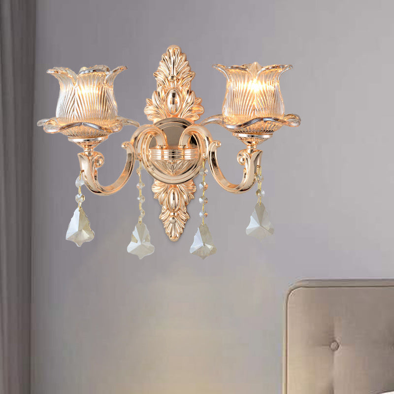 Avtoit | Flower Wall Mounted Light Source Modern Prism Glass 1/2 Heads Brass Wall Lamp with Crystal Drop Accent