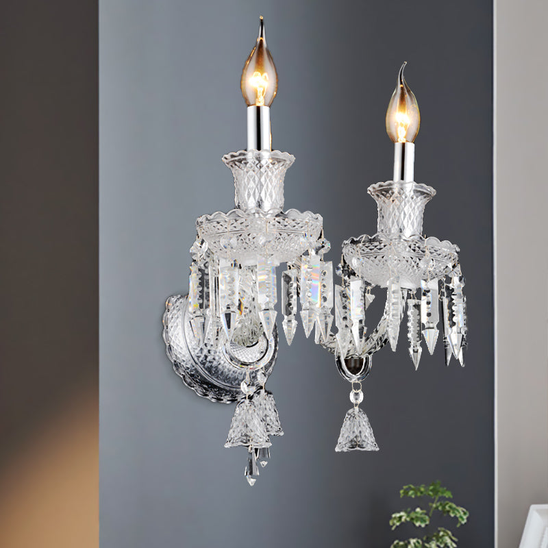 Avtoit | Candle holder Clear Glass Wall Lamp Fixture Modern 1/2 Cups Chrome Wall Lamp with Diamond Shaped Crystal Decoration