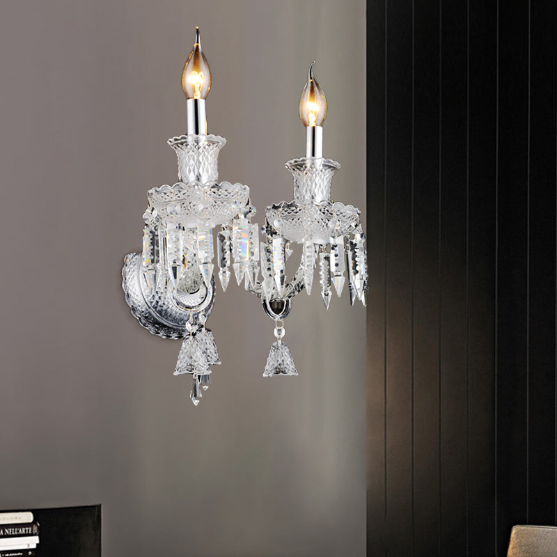 Avtoit | Candle holder Clear Glass Wall Lamp Fixture Modern 1/2 Cups Chrome Wall Lamp with Diamond Shaped Crystal Decoration