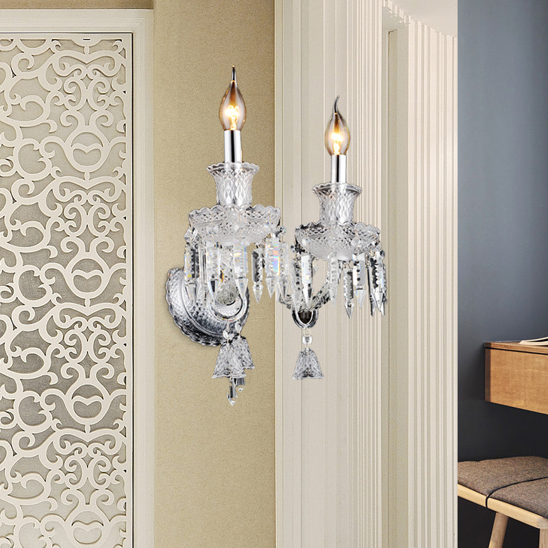 Avtoit | Candle holder Clear Glass Wall Lamp Fixture Modern 1/2 Cups Chrome Wall Lamp with Diamond Shaped Crystal Decoration