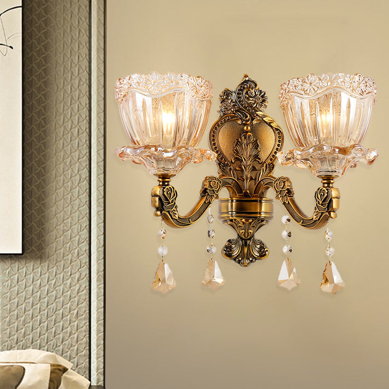 Avtoit | Amber Glass Flower Wall Light Modern 1/2 Heads Brass Wall Lamp with K9 Crystal Drops
