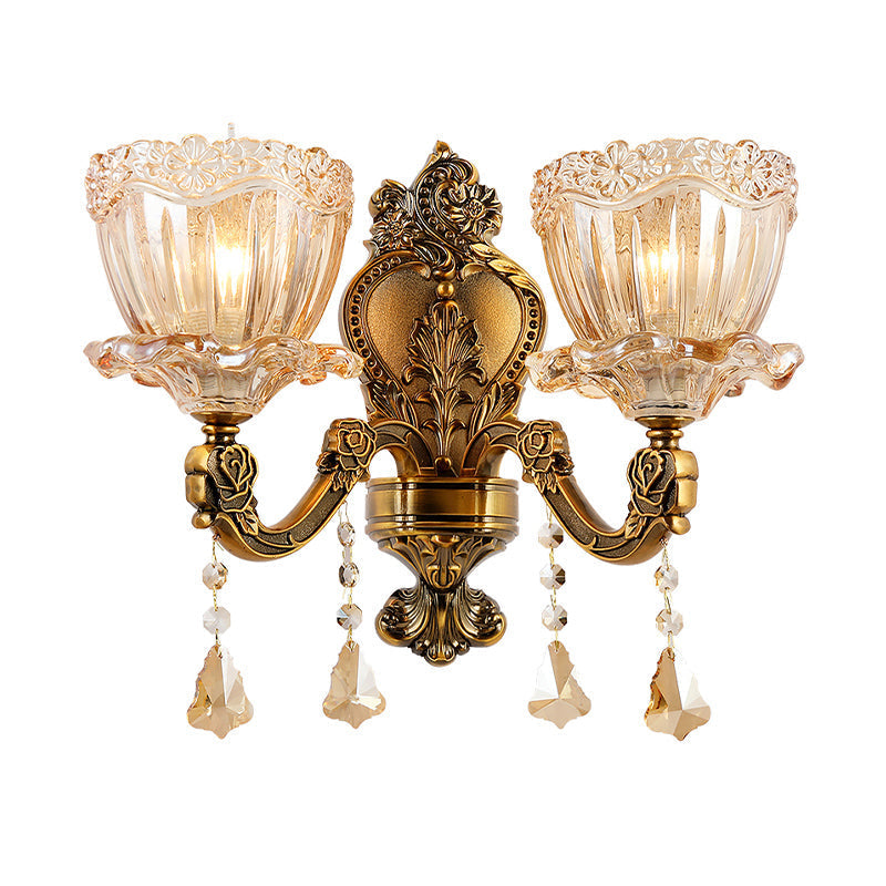 Avtoit | Amber Glass Flower Wall Light Modern 1/2 Heads Brass Wall Lamp with K9 Crystal Drops