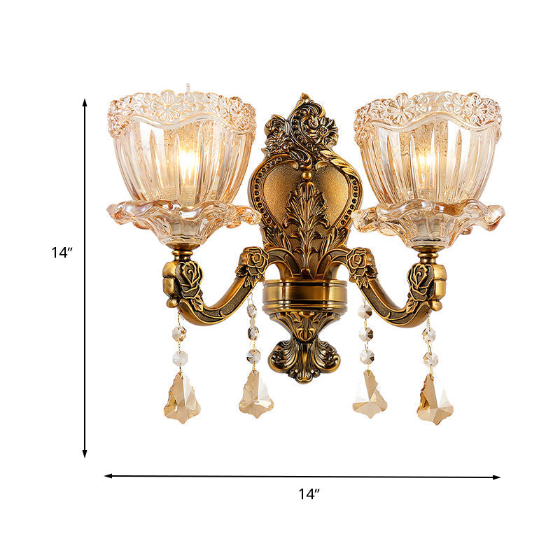 Avtoit | Amber Glass Flower Wall Light Modern 1/2 Heads Brass Wall Lamp with K9 Crystal Drops