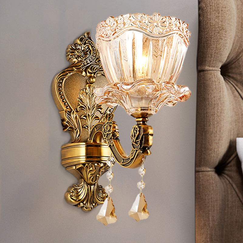 Avtoit | Amber Glass Flower Wall Light Modern 1/2 Heads Brass Wall Lamp with K9 Crystal Drops