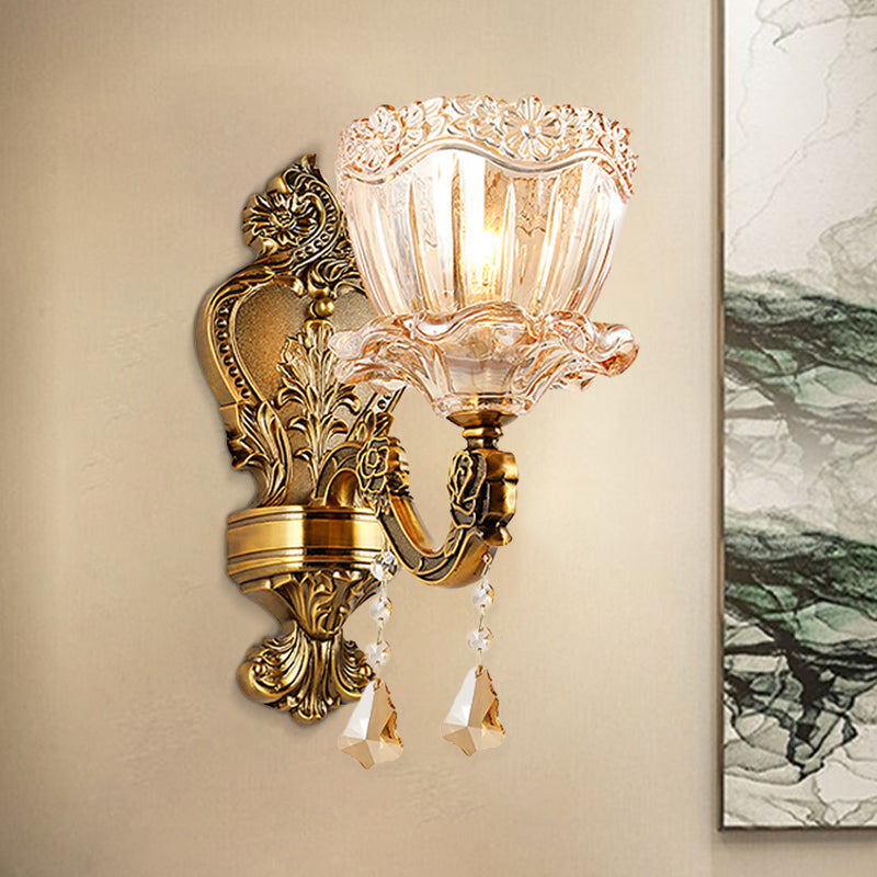 Avtoit | Amber Glass Flower Wall Light Modern 1/2 Heads Brass Wall Lamp with K9 Crystal Drops