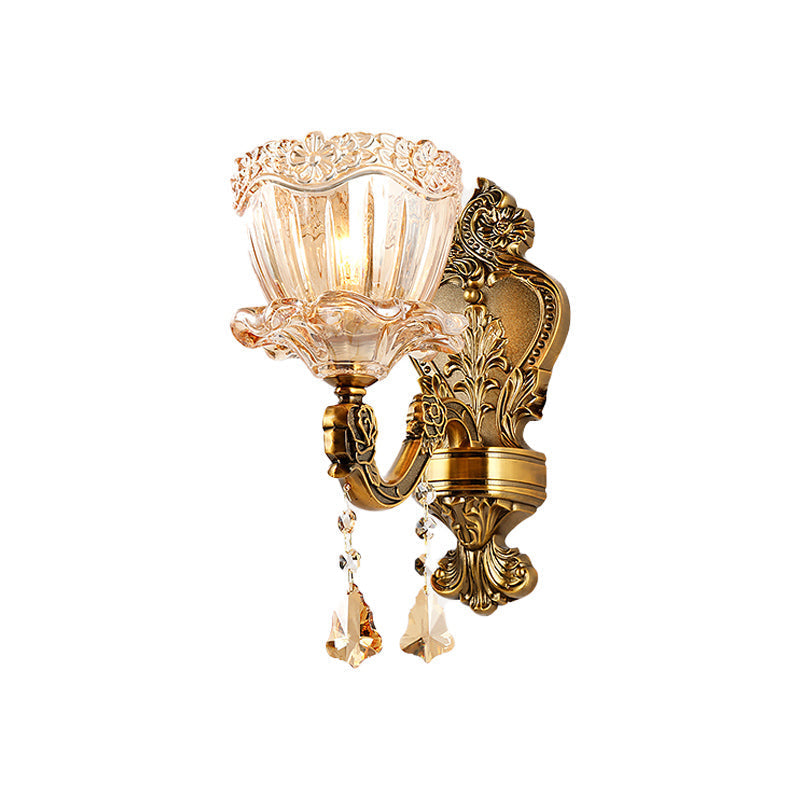 Avtoit | Amber Glass Flower Wall Light Modern 1/2 Heads Brass Wall Lamp with K9 Crystal Drops