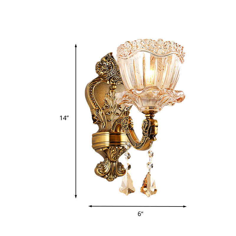 Avtoit | Amber Glass Flower Wall Light Modern 1/2 Heads Brass Wall Lamp with K9 Crystal Drops
