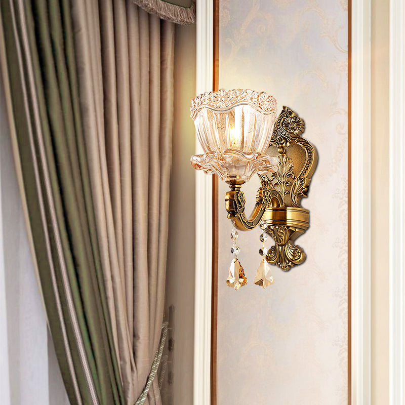Avtoit | Amber Glass Flower Wall Light Modern 1/2 Heads Brass Wall Lamp with K9 Crystal Drops