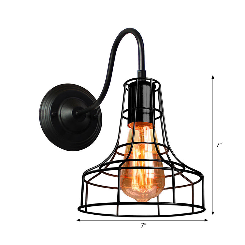 Avtoit | Metal Shed Wall Lamp Industrial Style 1 Lamp Black Wall Mounted Lamp with Wire Frame and Gooseneck Arm
