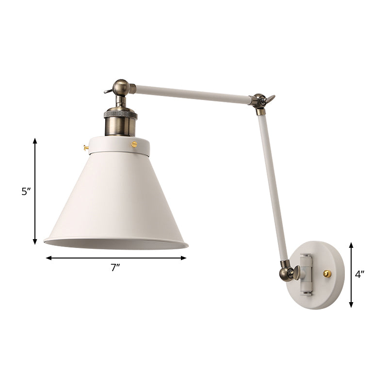 Avtoit | Cone Wall Lamp Fixture Industrial Style Metal 1 Bulb Black/White Wall Light with Swing Arm for Bedroom