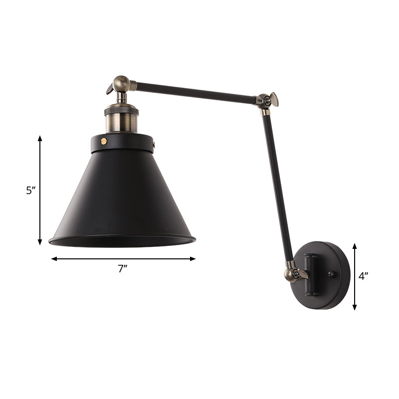 Avtoit | Cone Wall Lamp Fixture Industrial Style Metal 1 Bulb Black/White Wall Light with Swing Arm for Bedroom