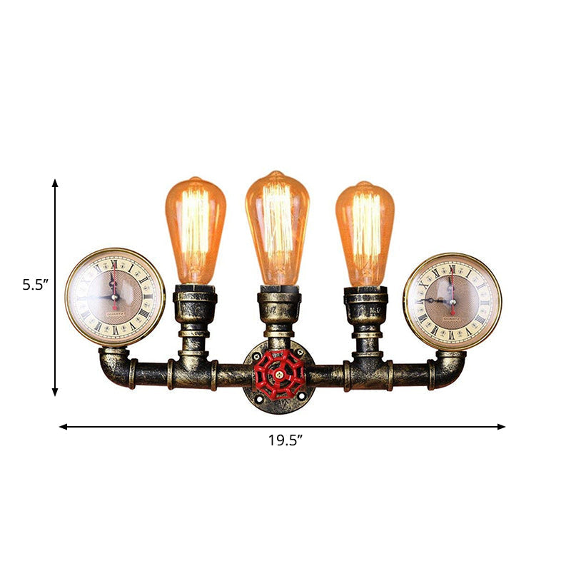 Avtoit | Antique Brass Pipe Wall Lamp Rustic Stylish 3 Heads Wrought Iron Wall Lamp Fixture with Manometer and Valve Deco