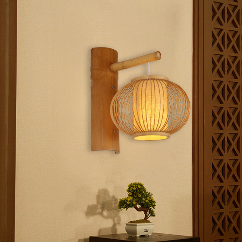 Avtoit | Wood Pumpkin Wall Lamp contemporary bamboo 1-bulb wall light with inner cylinder parchment shade