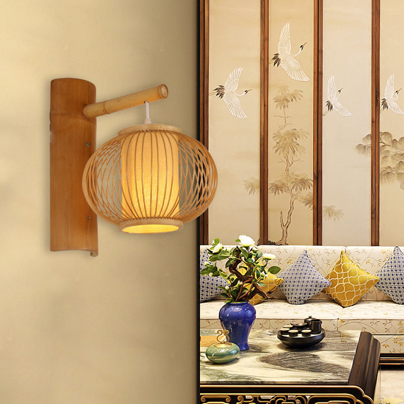 Avtoit | Wood Pumpkin Wall Lamp contemporary bamboo 1-bulb wall light with inner cylinder parchment shade