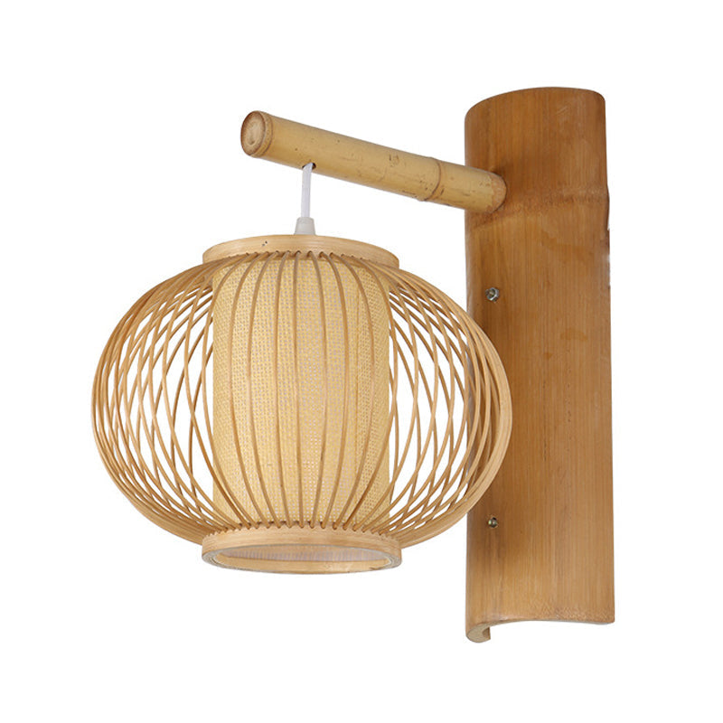 Avtoit | Wood Pumpkin Wall Lamp contemporary bamboo 1-bulb wall light with inner cylinder parchment shade