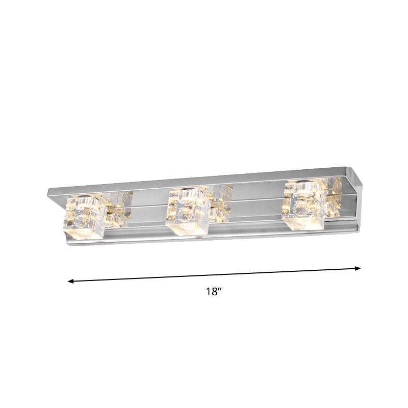 Avtoit | Clear Crystal Cube Wall Sconce Modern Style 3 Heads Silver Finish Vanity Light Fixture in Warm/White Light, 12.5"/18" B