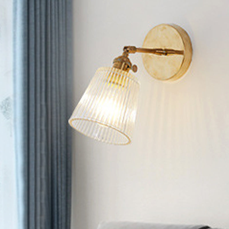Avtoit | 1 Light Clear Ribbed Glass Wall Lamp Light Industrial Brass Cone Living Room Lighting Fixture
