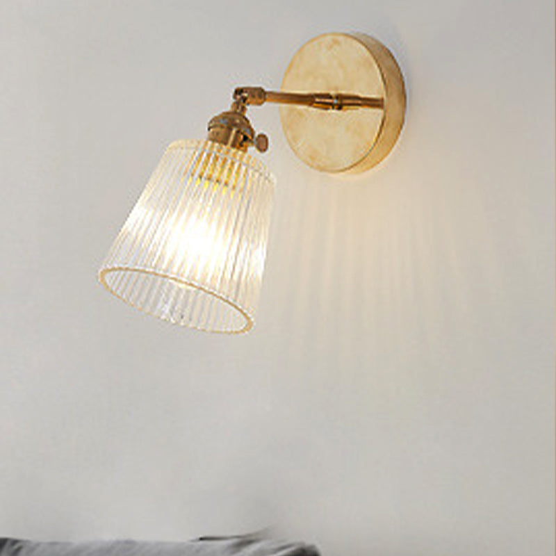 Avtoit | 1 Light Clear Ribbed Glass Wall Lamp Light Industrial Brass Cone Living Room Lighting Fixture