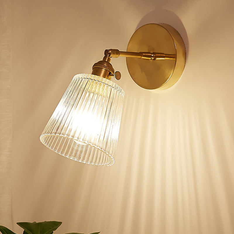Avtoit | 1 Light Clear Ribbed Glass Wall Lamp Light Industrial Brass Cone Living Room Lighting Fixture