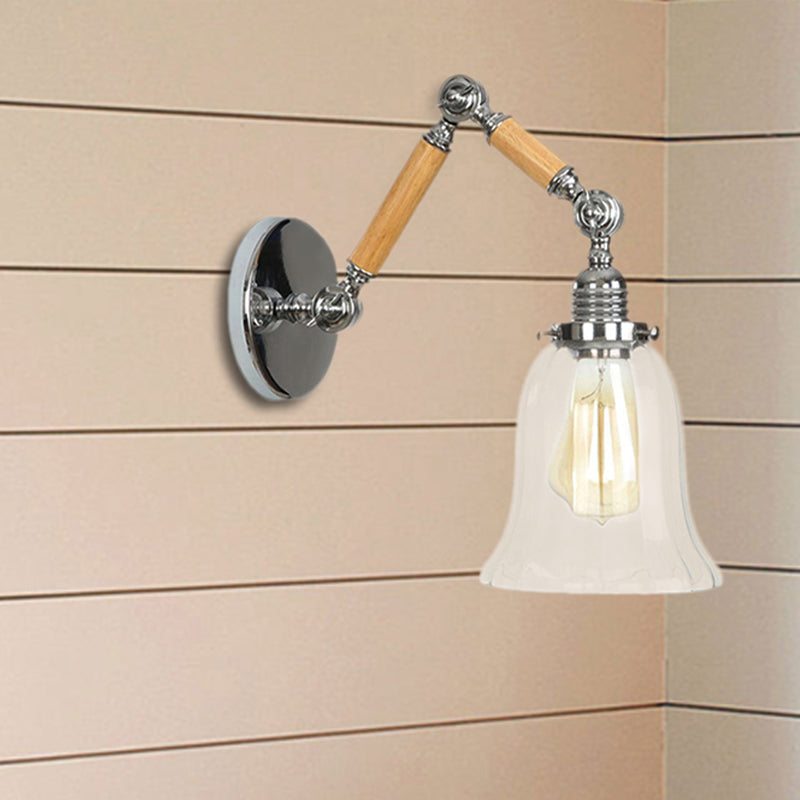 Avtoit | Flared Living Room Wall Light Vintage Clear Glass Prism Glass 1 Light Chrome Wall Lamp with 8"+8"/6"+6"/8"+4" Wooden Arm