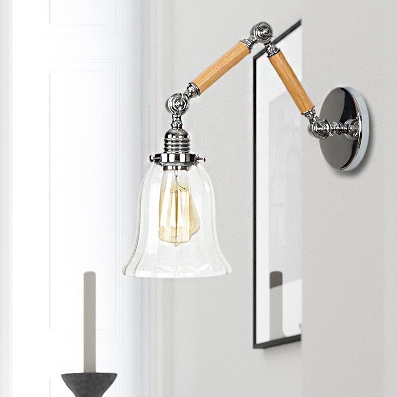 Avtoit | Flared Living Room Wall Light Vintage Clear Glass Prism Glass 1 Light Chrome Wall Lamp with 8"+8"/6"+6"/8"+4" Wooden Arm