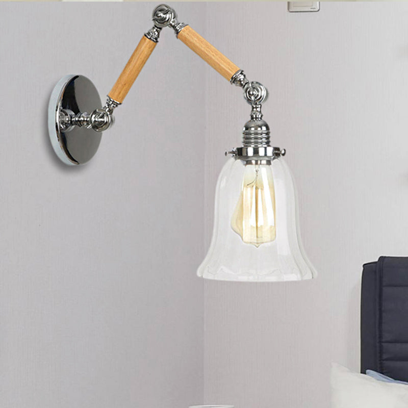 Avtoit | Flared Living Room Wall Light Vintage Clear Glass Prism Glass 1 Light Chrome Wall Lamp with 8"+8"/6"+6"/8"+4" Wooden Arm