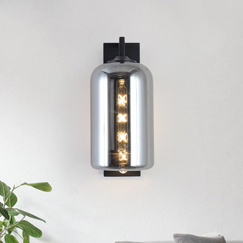 Avtoit | Mason Jar Shaped Wall Lamp Retro Style Enclosed Glass 1 Bulb Wall Light with Arm in Black