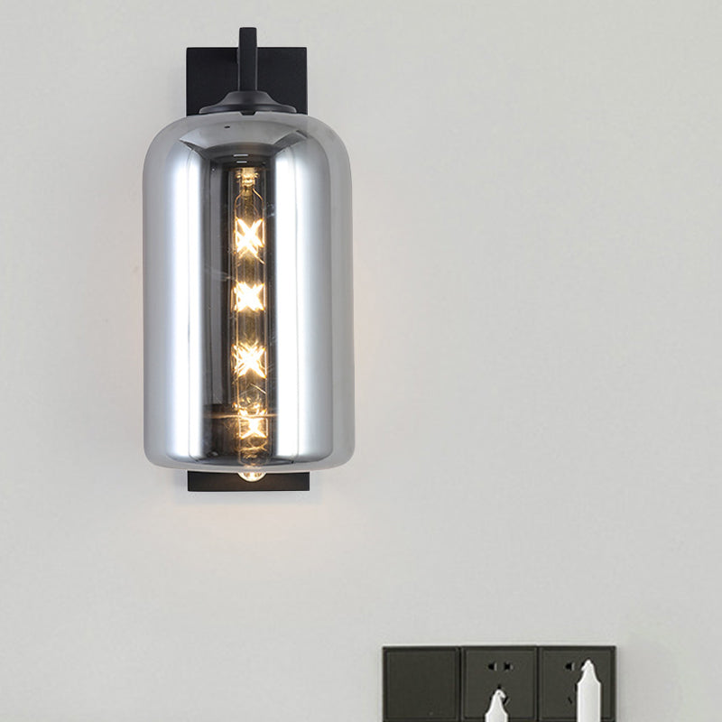 Avtoit | Mason Jar Shaped Wall Lamp Retro Style Enclosed Glass 1 Bulb Wall Light with Arm in Black