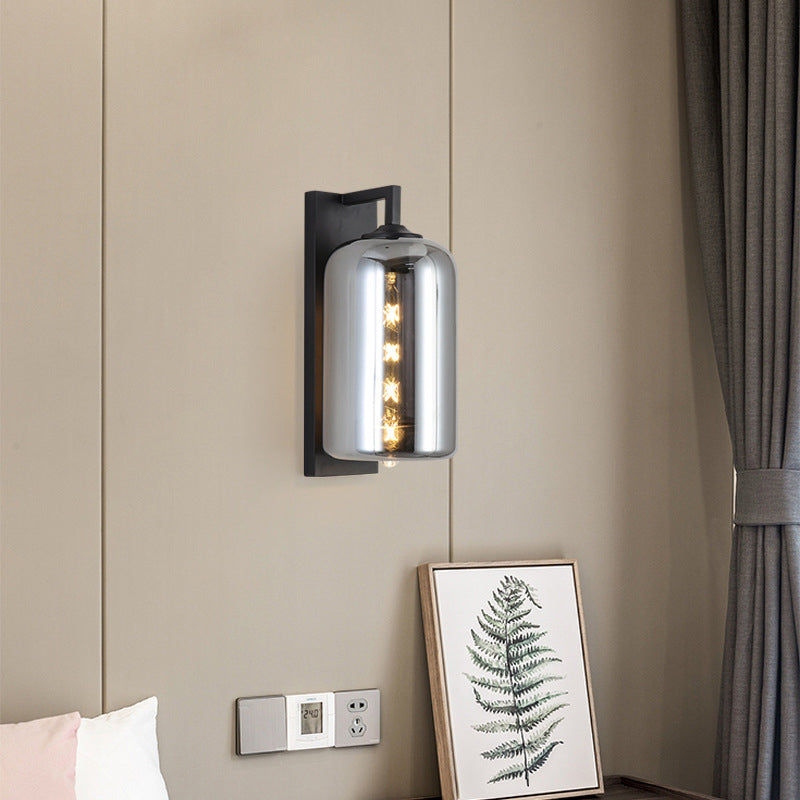 Avtoit | Mason Jar Shaped Wall Lamp Retro Style Enclosed Glass 1 Bulb Wall Light with Arm in Black
