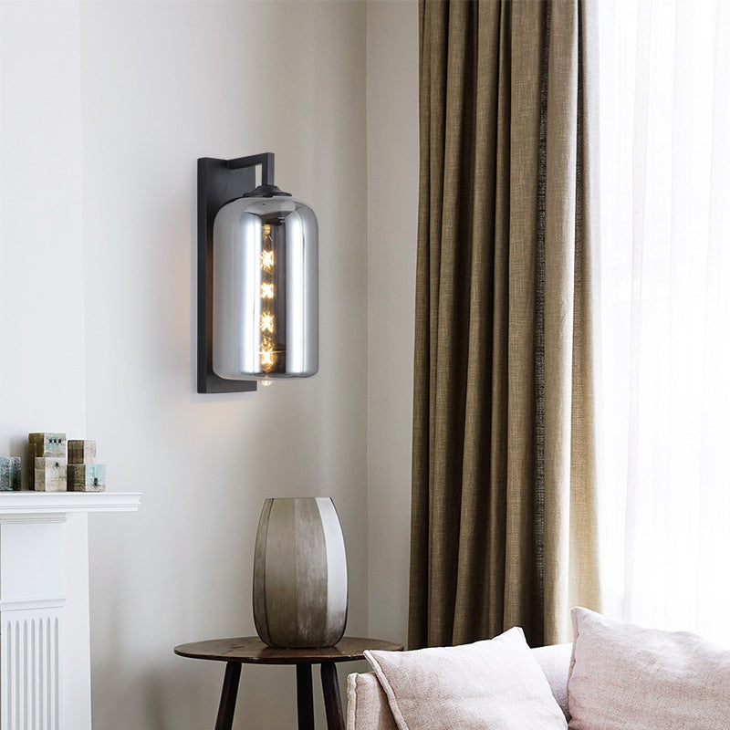 Avtoit | Mason Jar Shaped Wall Lamp Retro Style Enclosed Glass 1 Bulb Wall Light with Arm in Black