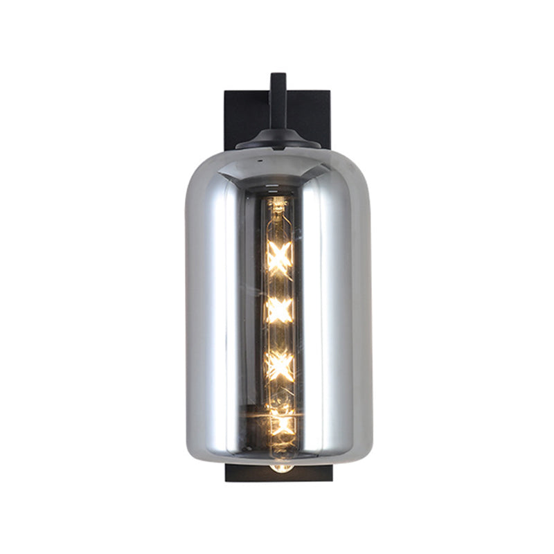 Avtoit | Mason Jar Shaped Wall Lamp Retro Style Enclosed Glass 1 Bulb Wall Light with Arm in Black