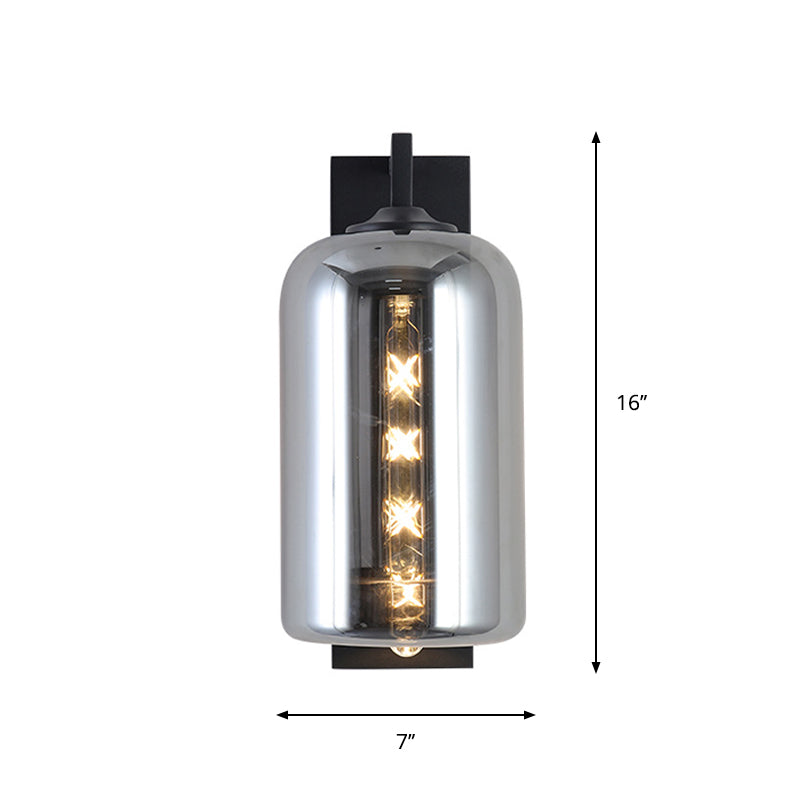 Avtoit | Mason Jar Shaped Wall Lamp Retro Style Enclosed Glass 1 Bulb Wall Light with Arm in Black