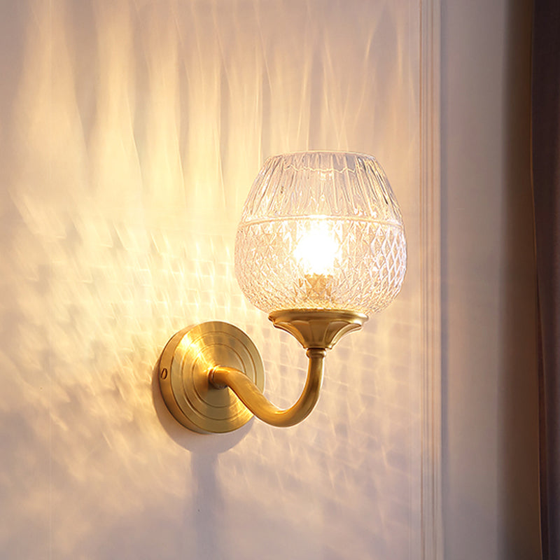 Avtoit | Grid Brandy Glass Wall Lamp Contemporary Single Brass Wall Mounted Light with Curved Arm