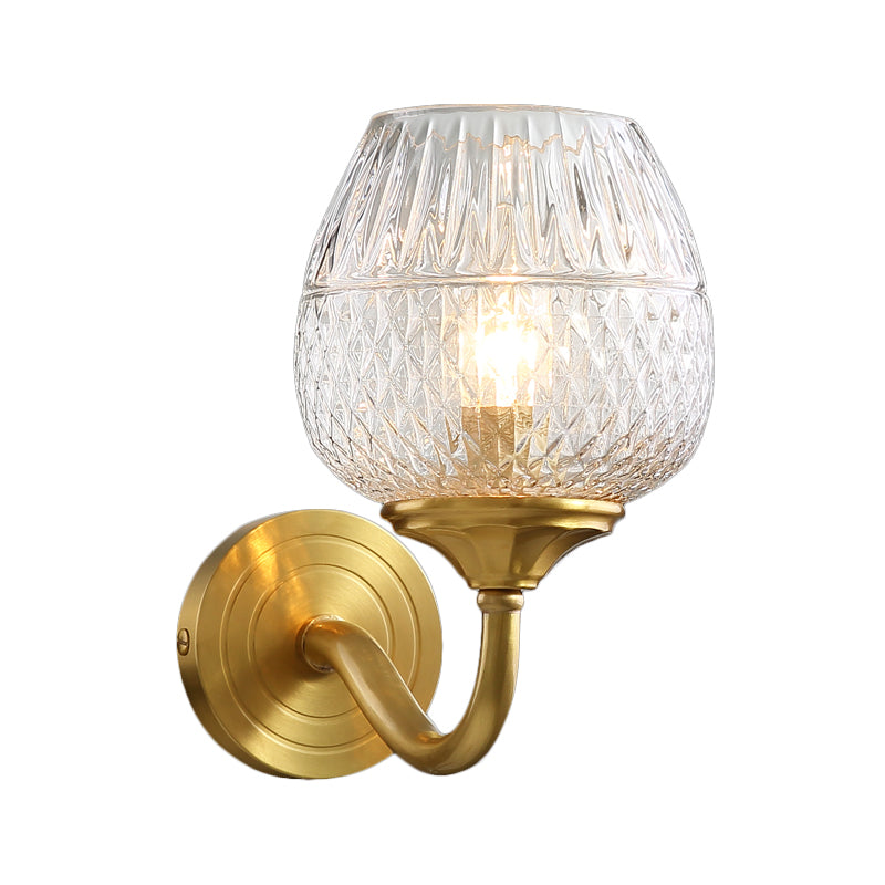 Avtoit | Grid Brandy Glass Wall Lamp Contemporary Single Brass Wall Mounted Light with Curved Arm