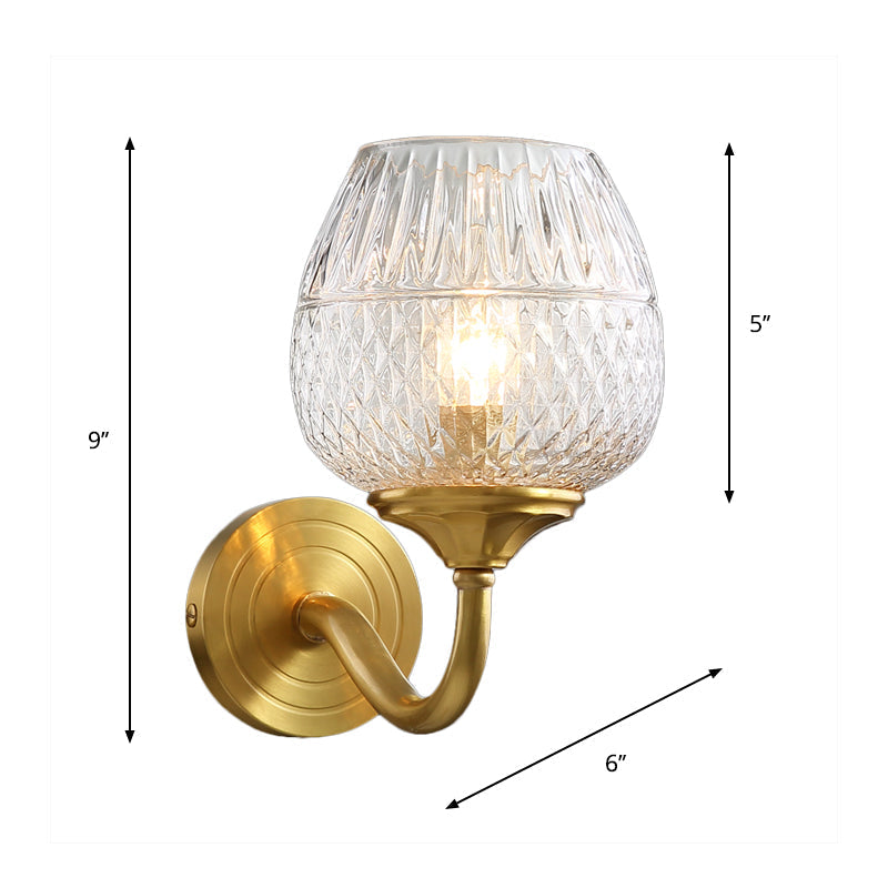 Avtoit | Grid Brandy Glass Wall Lamp Contemporary Single Brass Wall Mounted Light with Curved Arm