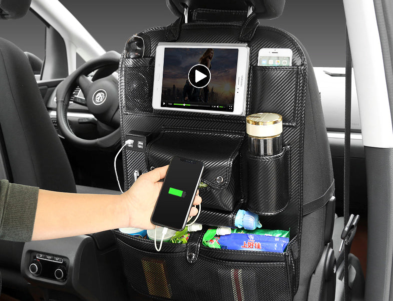 Avtoit | Multifunctional Car Seat Back Large Capacity Storage Bag with 4 USB Charging Ports, Retractable Tray, Tablet Holder, Tissue Storage, Cup Holder, Large Storage Bag and More