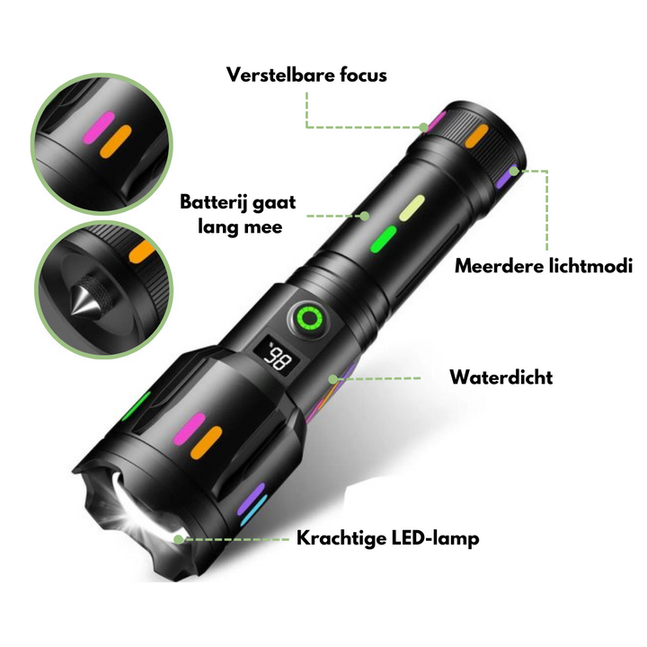 Avtoit | LED Flashlight With Power Display – Rechargeable High-Performance Flashlight With Glass Breaker & USB-C