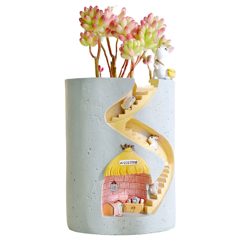 Avtoit | Decorative plant pot with hedgehog and rabbit miniature – Creative staircase design for plants