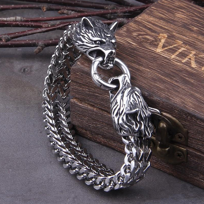 Avtoit | Viking Stainless Steel Double Wolf Head Fenrir Bracelet