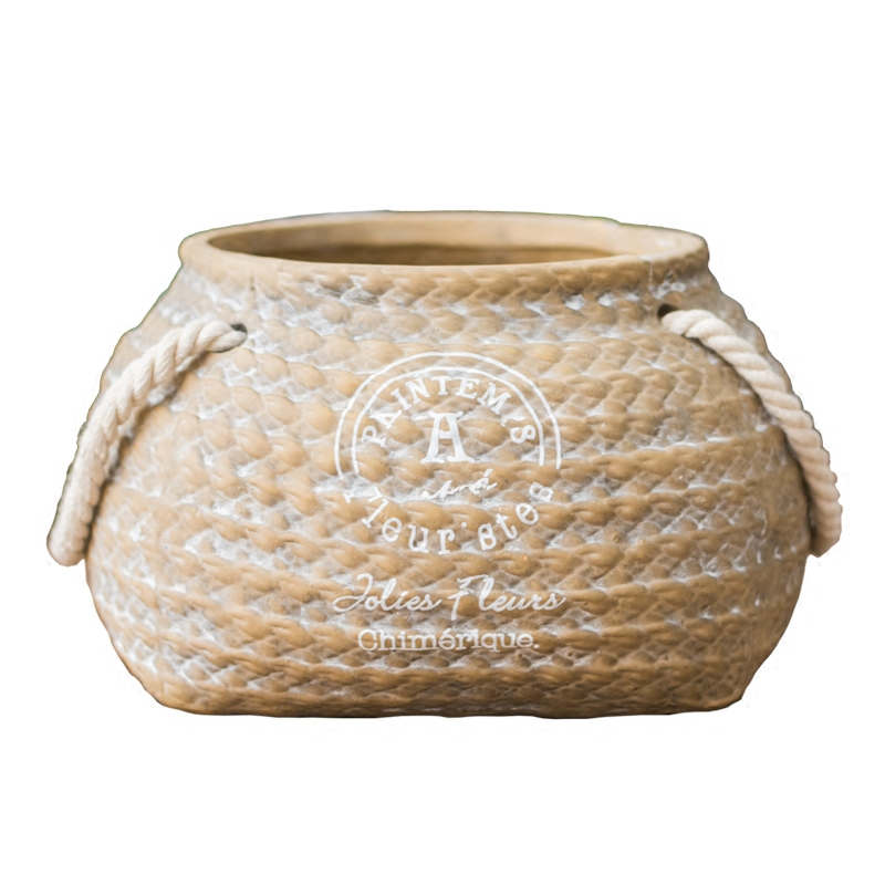 Avtoit | Ceramic Plant Pot in Hemp Bag Design with Rope Handles – Decorative Flower Pot for Garden and Home