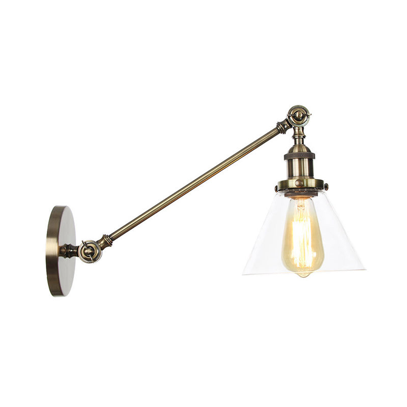 Avtoit | Industrial Conical Wall Lamp 1 Light Clear Glass Lighting in Black/Bronze/Brass, 8"/12" L Arm